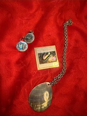 Abalone Teardrop Pendant Necklace and Matching Earrings - Iridescent Green